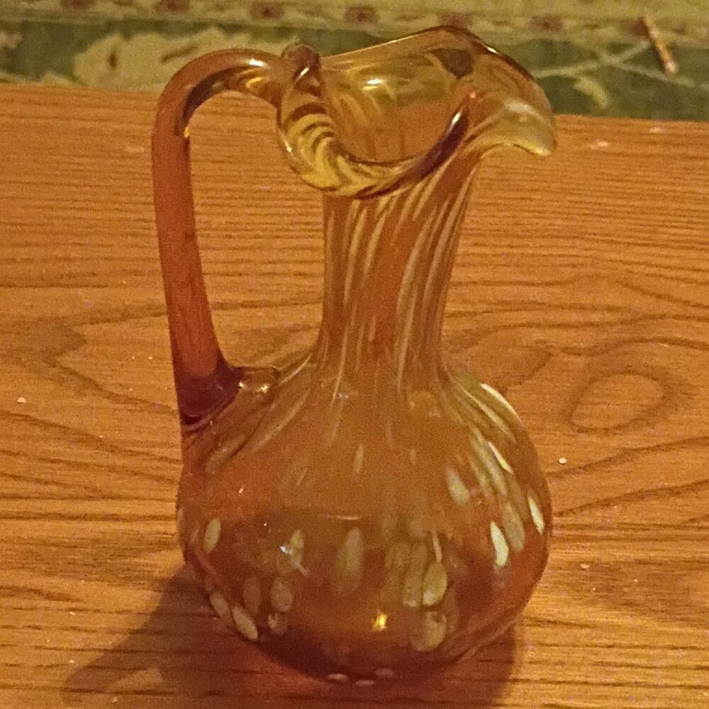 Amber White Hand Blown Art Glass Cruet Bulbous Spotted Pattern Glossy Finish
